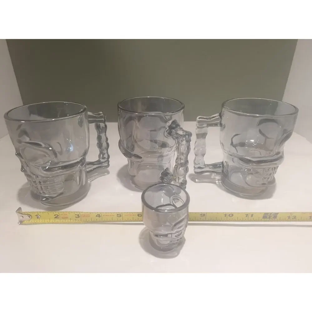 Skull Beer Mug Set 3 + Skull Shot Glass Gothic Barware Halloween Decor - Picture 5 of 7